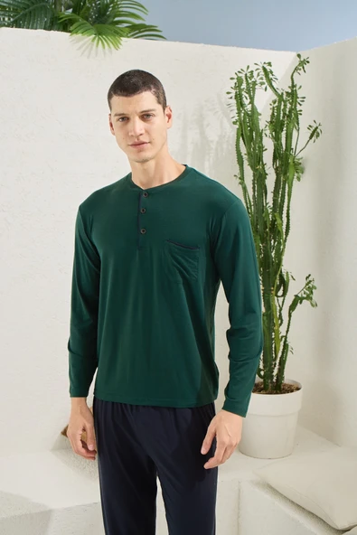 9220 Erkek Midi Yaka Uzun Kol Pijama Takım ürün görseli 1