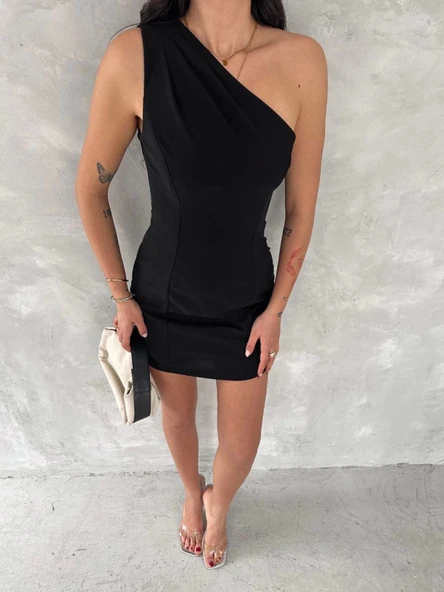 Tek Omuzlu Kolsuz Mini Boy Elbise - Siyah - Resim 4