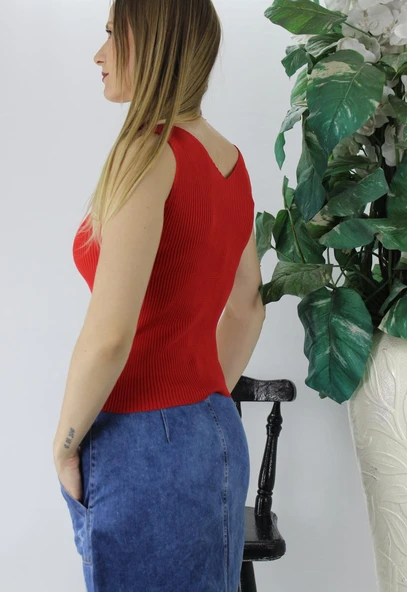 V Yaka Fitilli Triko Atlet Kırmızı - Lks1262.32 - Resim 2