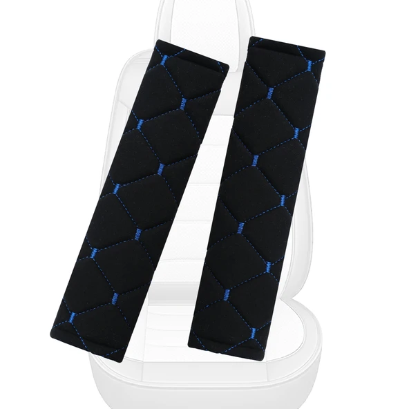 Mavi Baklava Desenli Yumuşak Siyah Kumaş Emniyet Kemer Kılıfı Çift Takım KMMD-01 - 1