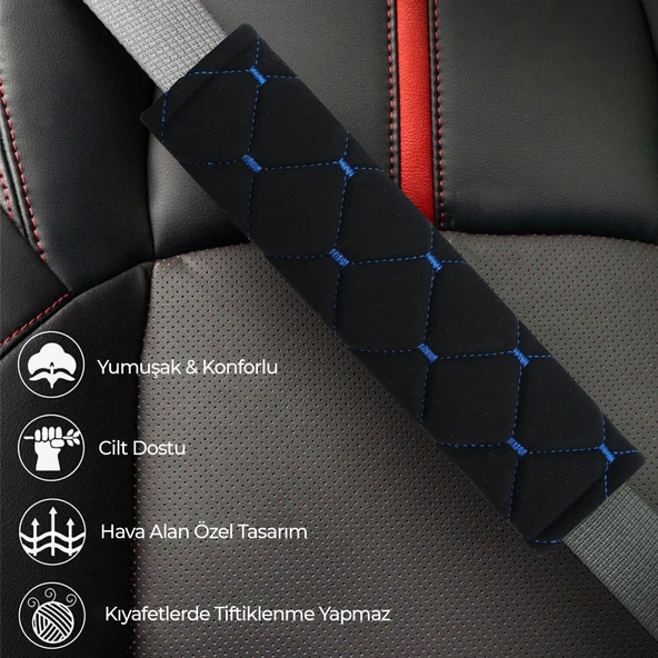 Mavi Baklava Desenli Yumuşak Siyah Kumaş Emniyet Kemer Kılıfı Çift Takım KMMD-01 - 5