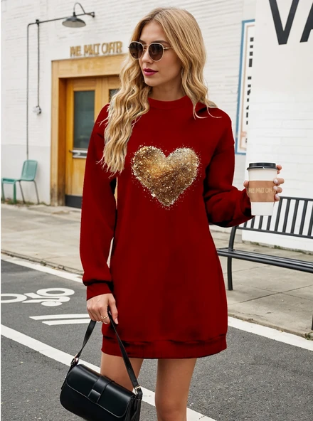 Kadın Uzun Kollu Bisiklet Yaka Kalp Desenli Viskon Iki Iplik Bluz ürün görseli