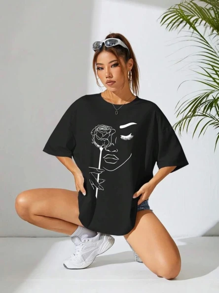 Baskılı Oversize T-shirt - Siyah - 2