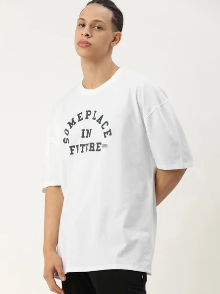 Erkek Baskılı Oversize T-shirt - Beyaz - 1