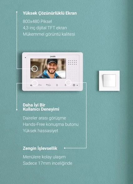 PRATİKPLUS Daire İçi Görüntülü Diafon Sistem Monitörü 4.3 İnç (11cm Daire İçi Şube) - 2