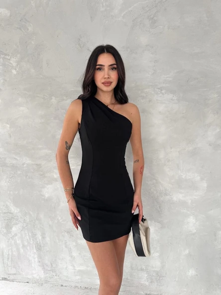 Tek Omuzlu Kolsuz Mini Boy Elbise - Siyah - Resim 2