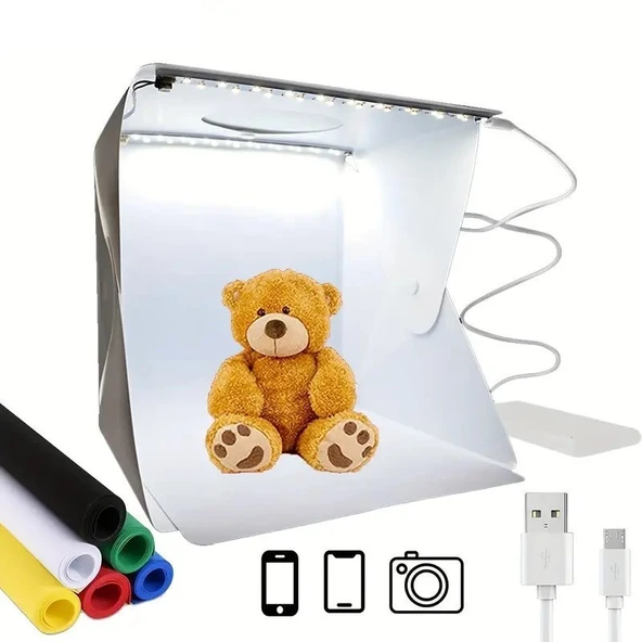 Katlanır Işıklı Fotoğraf Stüdyosu 40x40 cm 6 Renk Fonlu Ürün Çekimi İçin Uygun Fotoğraf Çekim Kutusu ürün görseli 1