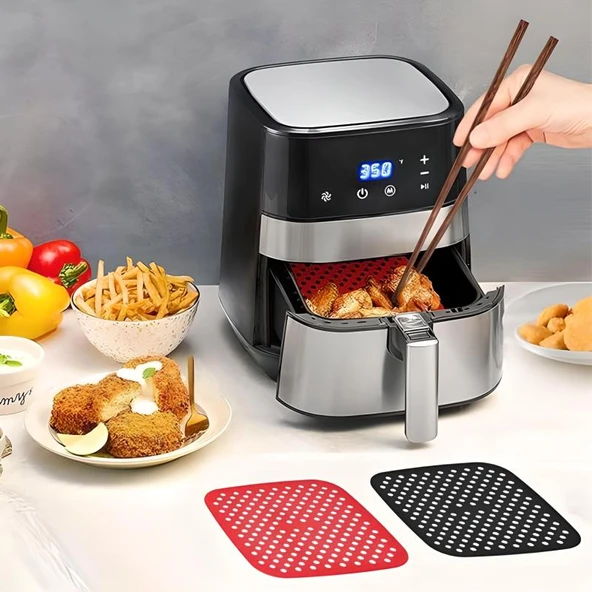 Renkli Isıya Dayanıklı Yıkanılabilir Silikon Fırın Airfryer Kare Model Pişirme Matı 21,5 cm Siyah - Resim 2