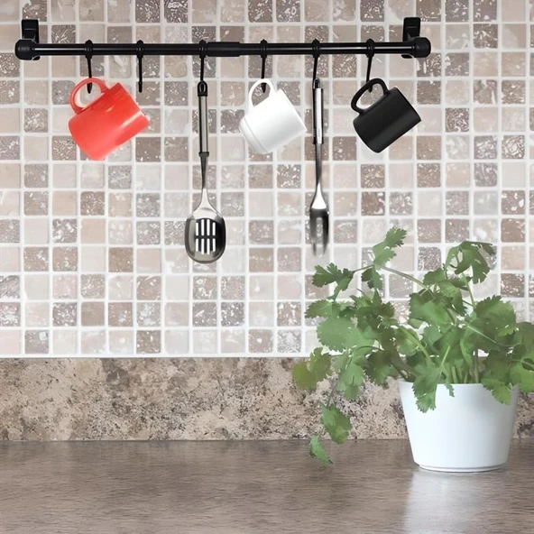 Duvara Monte Edilen 6 Kancalı Dekor Kaşıklık ve Kupa Askısı - Resim 4