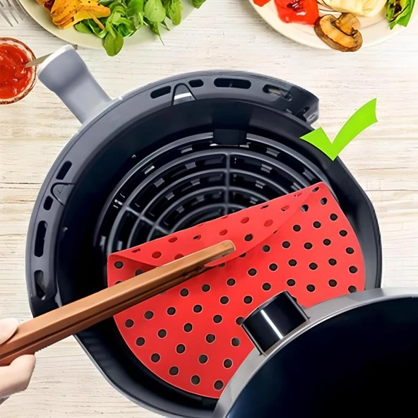 Renkli Isıya Dayanıklı Yıkanılabilir Silikon Fırın Ve Airfryer Yuvarlak Model Pişirme Matı Kırmızı - Resim 3