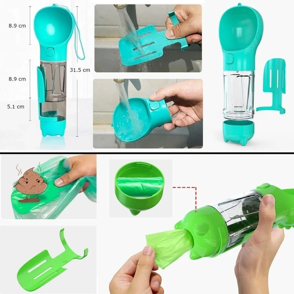 Taşınabilir Hazneli Mama Kaplı ,Kaka Poşetli Kedi,Köpek Suluğu-300ml - Resim 4