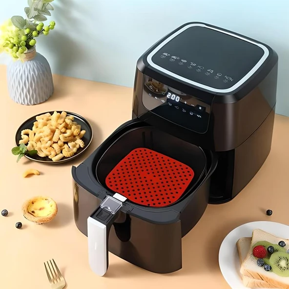 Renkli Isıya Dayanıklı Yıkanılabilir Silikon Fırın Airfryer Kare Model Pişirme Matı 21,5 cm Kırmızı - Resim 5
