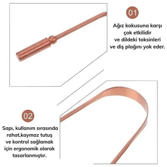 Bakır Oil Pulling Yağ Çekme Dil Plak Temizleme Aleti Dil Fırçası Sıyırıcı Dil Kaşığı - Resim 2