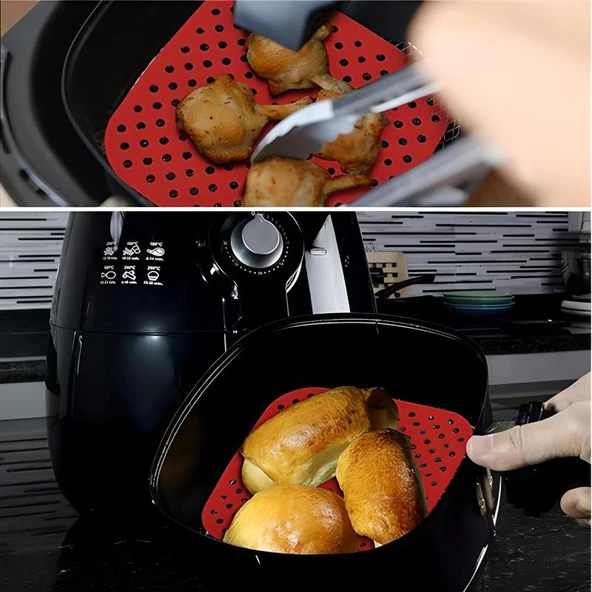 Renkli Isıya Dayanıklı Yıkanılabilir Silikon Fırın Airfryer Kare Model Pişirme Matı 21,5 cm Kırmızı - Resim 3