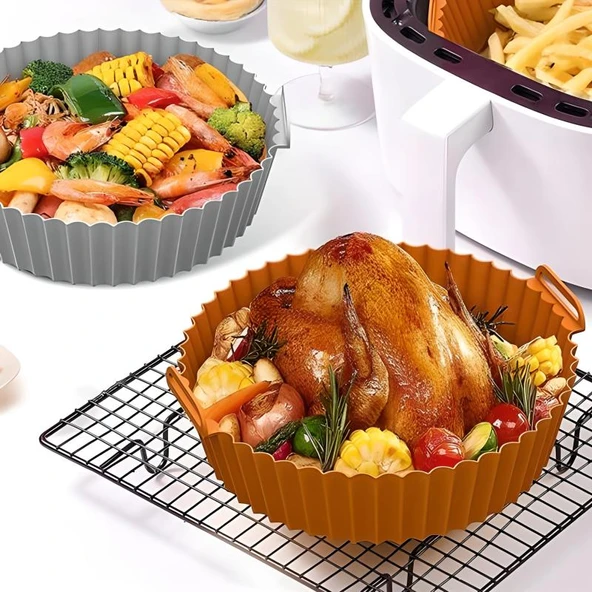 Renkli Isıya Dayanıklı Yıkanılabilir Silikon Fırın Ve Airfryer Yuvarlak Model Pişirme Matı Vizon - Resim 2
