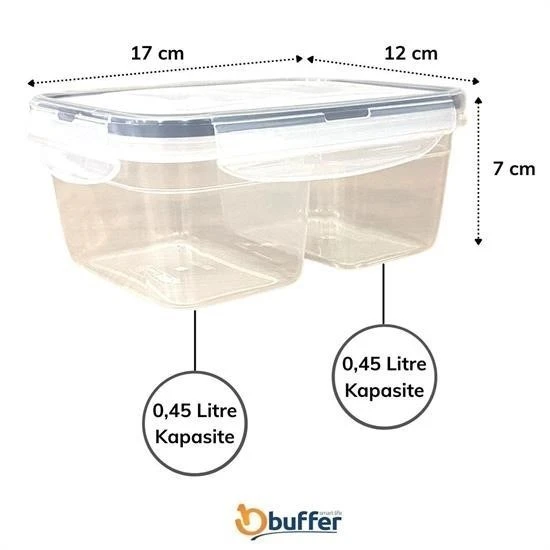 BUFFER® 2 Bölmeli 0,45+0,45 Litre Kilitli Kapaklı Erzak Saklama Kabı LC-524 - Resim 3