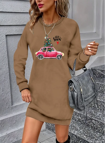 Kadın Uzun Kollu Bisiklet Yaka Desenli Viskon Iki Iplik Elbise ürün görseli