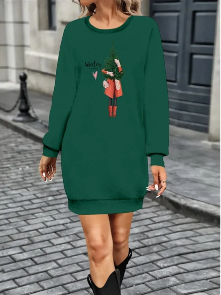 Kadın Uzun Kollu Bisiklet Yaka Desenli Kısa Viskon Iki Iplik Elbise ürün görseli