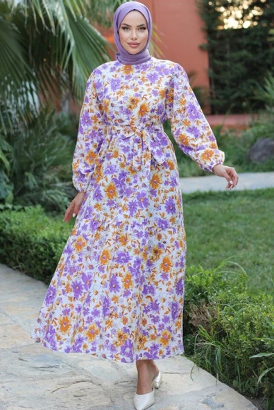 Kadın Uzun Çiçek Yaprak Desenli Belden Bağlamalı Elbise - Resim 5