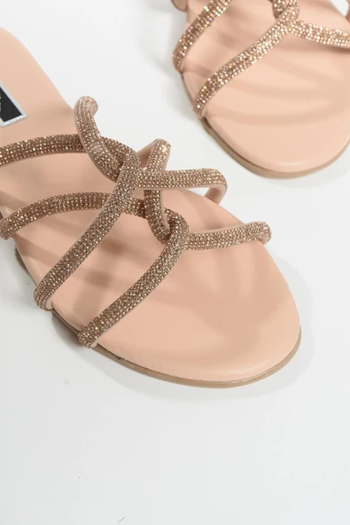 Nişantaşı Shoes Bowie Ten Mat Taş Detay Çapraz Bant Düz Taban Kadın Terlik - Resim 2