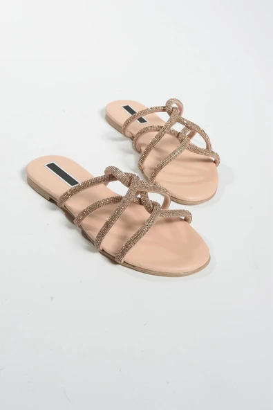 Nişantaşı Shoes Bowie Ten Mat Taş Detay Çapraz Bant Düz Taban Kadın Terlik ürün görseli