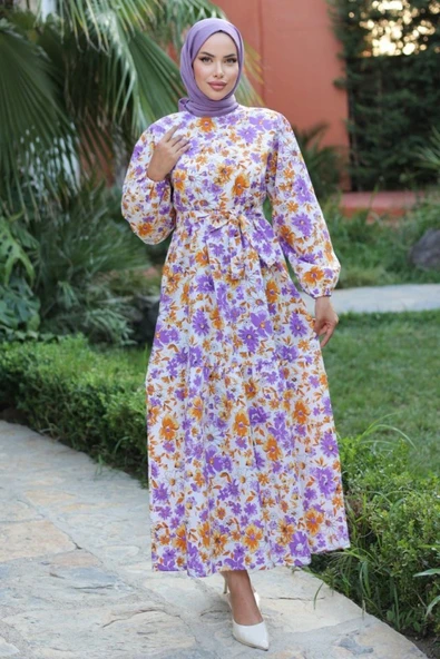 Kadın Uzun Çiçek Yaprak Desenli Belden Bağlamalı Elbise - Resim 3