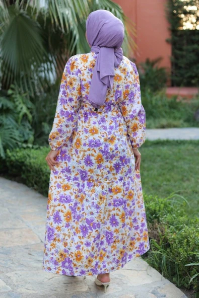 Kadın Uzun Çiçek Yaprak Desenli Belden Bağlamalı Elbise - Resim 2