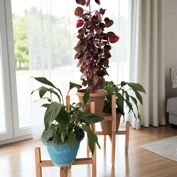 MoxoCreative Üçlü Ahşap Saksı Standı Çiçek Saksı Altlığı 3 Adet Raf Çiçeklik Stand - 2