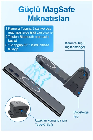 SS18 MagSafe ile Uyumlu Bluetooth Telefon Deklanşör Grip Yayıncı Fotoğrafçılar  Gezginler İçin - 3