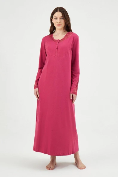 Eros 29542 Gül Kurusu Pamuklu Uzun Kol Tam Boy Dantel Detaylı Kadın Gecelik ürün görseli 1