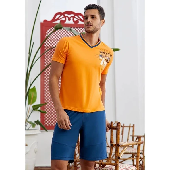 Eros 28000 Turuncu Pamuklu V Yaka Baskılı Şort Takım ürün görseli 1