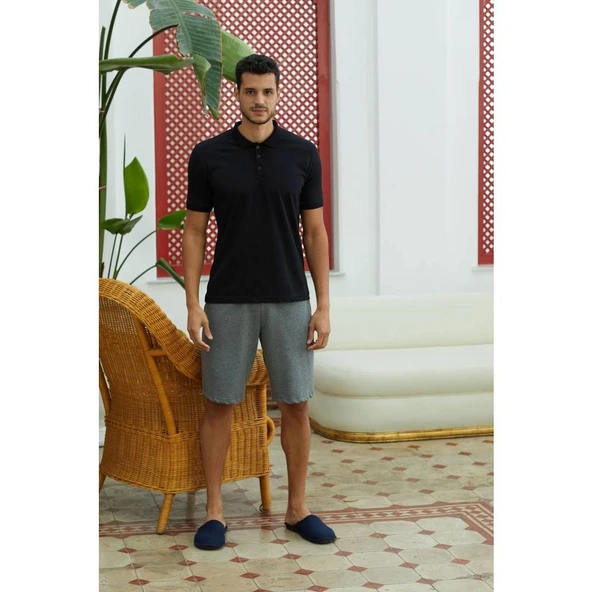 Eros 28020 Siyah Pamuklu Polo Yaka Erkek Şort Takım - Resim 2