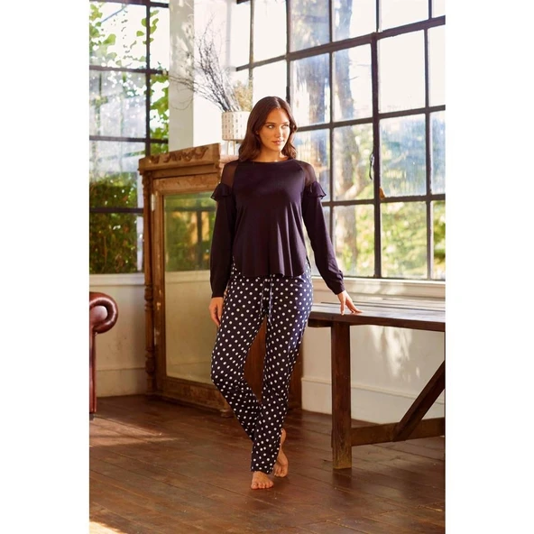 Eros 27510 Siyah Pamuklu Yuvarlak Yaka Kadın Pijama Takımı - 1