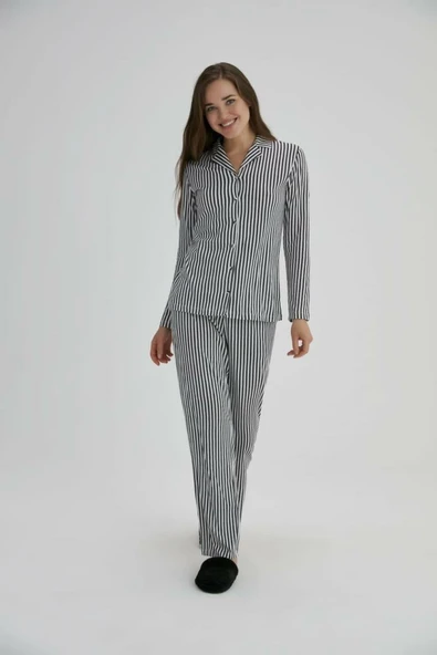 Eros Çizgili Bayan Pijama Takımı Siyah 2 Pijama Takımı ürün görseli 1