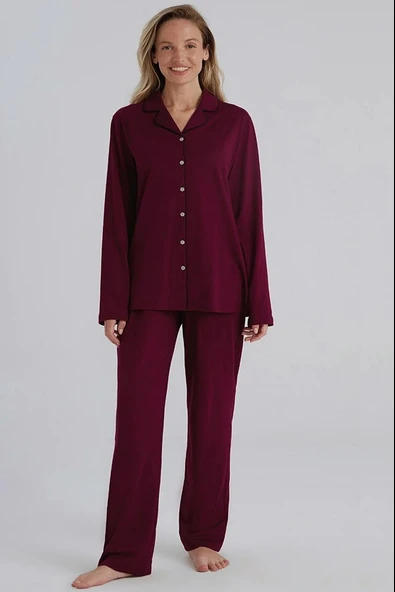 Eros 31800 Bordo Pamuklu Önden Düğmeli Kadın Pijama Takımı ürün görseli 1