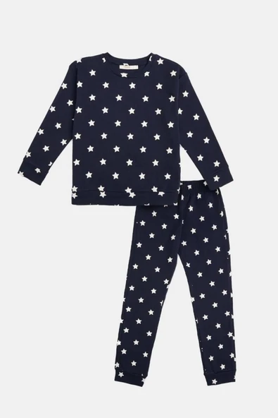 Eros 29611 Lacivert Yıldız Desenli Pamuklu Uzun Kollu Kız Çocuk Pijama Takımı - Resim 2