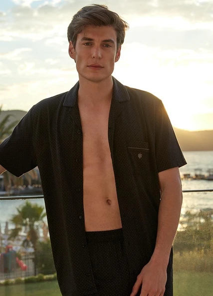 Blackspade 30813 Siyah Modal Önden Düğmeli Kısa Kollu Erkek Pijama Takımı - Resim 5