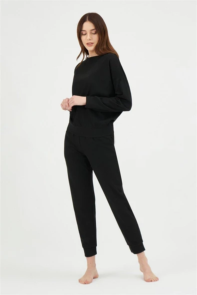 Eros 29700 Siyah Triko Kumaş Kayık Yaka Kadın Eşofman Takımı ürün görseli 1