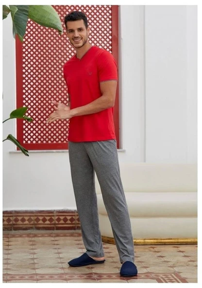 Eros 28125 Kırmızı Pamuklu V Yaka Erkek Pijama Takımı - 1