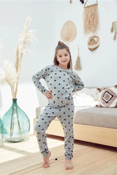 Eros 29611 Gri Yıldız Desenli Pamuklu Uzun Kollu Kız Çocuk Pijama Takımı - 1