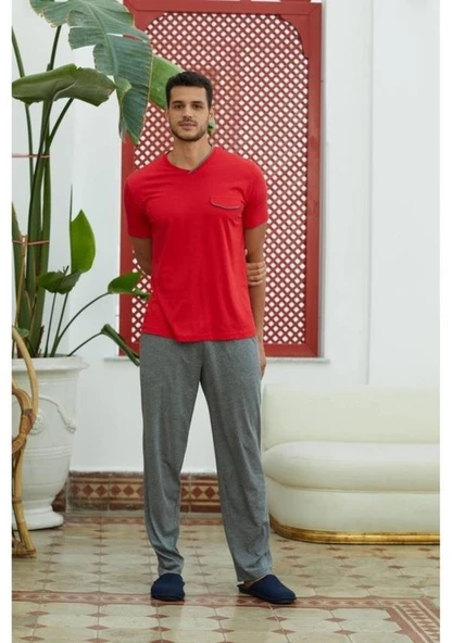 Eros 28125 Kırmızı Pamuklu V Yaka Erkek Pijama Takımı - 2