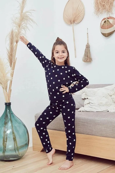 Eros 29611 Gri Yıldız Desenli Pamuklu Uzun Kollu Kız Çocuk Pijama Takımı - 2