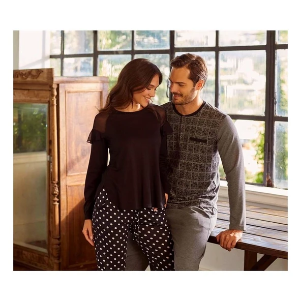 Eros 27510 Siyah Pamuklu Yuvarlak Yaka Kadın Pijama Takımı - 2