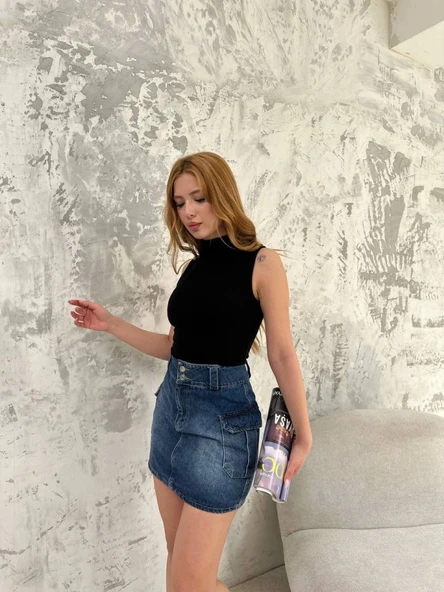 Kolsuz Yarım Bağazlı Badi Bluz - Siyah - Resim 2