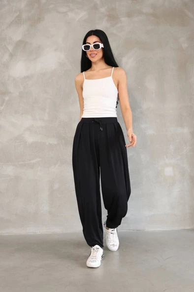Osy Modal Yumuşak Dokulu Kumaş Şalvar Pantalon - Siyah - 1