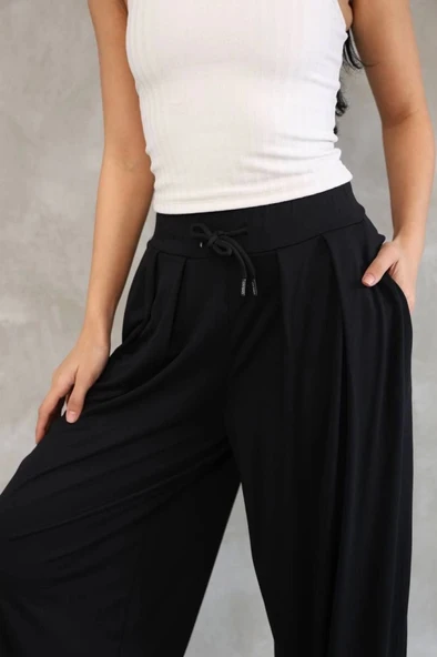 Osy Modal Yumuşak Dokulu Kumaş Şalvar Pantalon - Siyah - 3