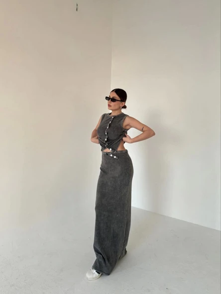 Uzun Etekli Önü Düğmeli Badi İkili Takım- Antrasit ürün görseli