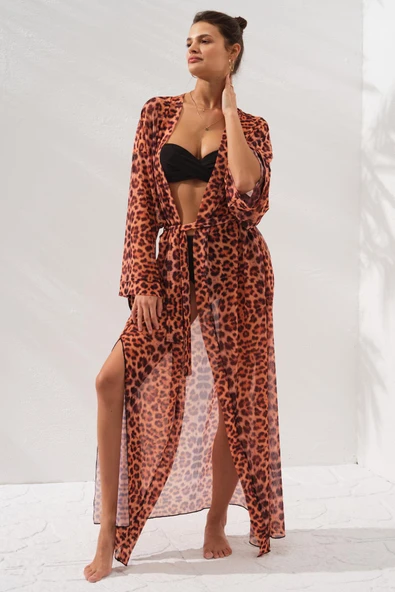 Pierre Cardin 231812-D Leopar Belden Bağlamalı Uzun Kimono - Resim 2