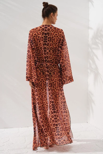 Pierre Cardin 231812-D Leopar Belden Bağlamalı Uzun Kimono - Resim 3