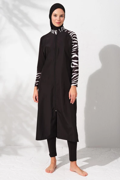 Pierre Cardin 231910 Siyah Desenli Uzunkollu Fermuarlı Tesettür Mayo Takım ürün görseli